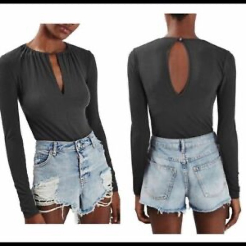 Topshop Black Keyhole Long Sleeve Bodysuit Sz 10